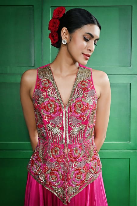 Buy Keith Gomes Pink Satin, Silk Organza Beads Floral Embroidered Peplum Top With Draped Pant Online at Aza Fashions Buy_Keith Gomes_Pink Satin, Silk Organza Beads Floral Embroidered Peplum Top With Draped Pant _Online_at_Aza_Fashions