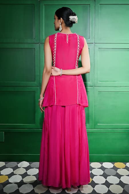 Shop Keith Gomes Pink Silk Organza, Linen Pearls, Sequins Embroidered Front Tunic With Sharara at Aza Fashions Shop_Keith Gomes_Pink Silk Organza, Linen Pearls, Sequins Embroidered Front Tunic With Sharara _at_Aza_Fashions