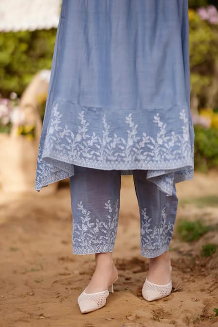 Naaz By Noor Blue Chanderi Cotton, Cotton, Organza African Lily Field Border Kurta Set Online at Aza Fashions Naaz By Noor_Blue Chanderi Cotton, Cotton, Organza African Lily Field Border Kurta Set _Online_at_Aza_Fashions
