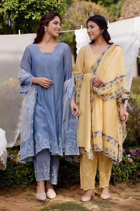 Buy Naaz By Noor Blue Chanderi Cotton, Cotton, Organza African Lily Field Border Kurta Set Online at Aza Fashions Buy_Naaz By Noor_Blue Chanderi Cotton, Cotton, Organza African Lily Field Border Kurta Set _Online_at_Aza_Fashions