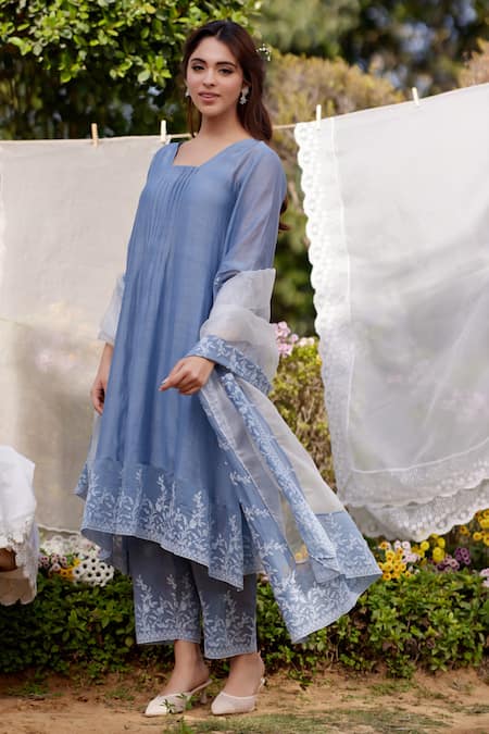 Shop Naaz By Noor Blue Chanderi Cotton, Cotton, Organza African Lily Field Border Kurta Set Online at Aza Fashions Shop_Naaz By Noor_Blue Chanderi Cotton, Cotton, Organza African Lily Field Border Kurta Set _Online_at_Aza_Fashions