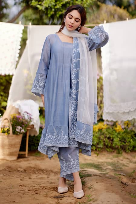 Buy Naaz By Noor Blue Chanderi Cotton, Cotton, Organza African Lily Field Border Kurta Set Buy_Naaz By Noor_Blue Chanderi Cotton, Cotton, Organza African Lily Field Border Kurta Set