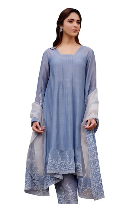 Shop Naaz By Noor Blue Chanderi Cotton, Cotton, Organza African Lily Field Border Kurta Set Shop_Naaz By Noor_Blue Chanderi Cotton, Cotton, Organza African Lily Field Border Kurta Set