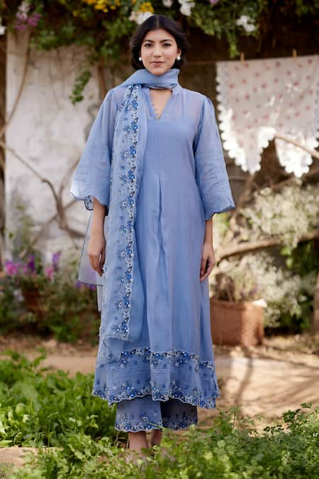 NAAZ BY NOOR Blue Kurta Fine Cotton Chanderi African Lily Field Border A-line Set 