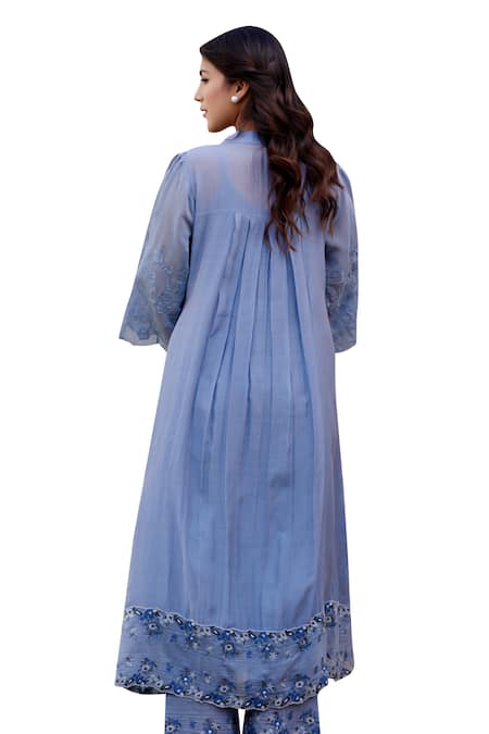 Shop Naaz By Noor Blue Chanderi, Cotton, Organza African Lily Field Border A-line Kurta Set Online at Aza Fashions Shop_Naaz By Noor_Blue Chanderi, Cotton, Organza African Lily Field Border A-line Kurta Set _Online_at_Aza_Fashions