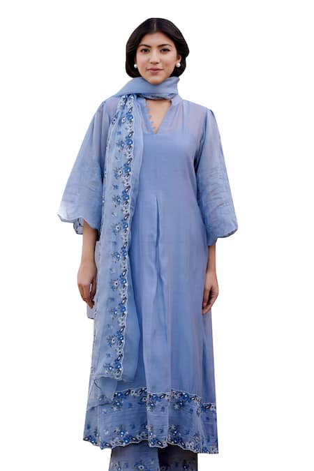 Shop Naaz By Noor Blue Chanderi, Cotton, Organza African Lily Field Border A-line Kurta Set Shop_Naaz By Noor_Blue Chanderi, Cotton, Organza African Lily Field Border A-line Kurta Set
