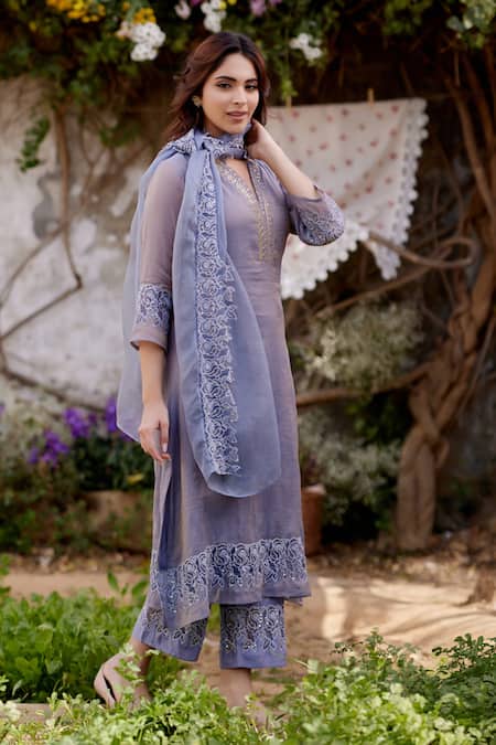 Naaz By Noor Blue Chanderi, Organza Embroidery, Sequins Split Butterfly Placket Kurta Set Online at Aza Fashions Naaz By Noor_Blue Chanderi, Organza Embroidery, Sequins Split Butterfly Placket Kurta Set _Online_at_Aza_Fashions