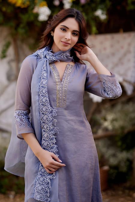 Buy Naaz By Noor Blue Chanderi, Organza Embroidery, Sequins Split Butterfly Placket Kurta Set Online at Aza Fashions Buy_Naaz By Noor_Blue Chanderi, Organza Embroidery, Sequins Split Butterfly Placket Kurta Set _Online_at_Aza_Fashions