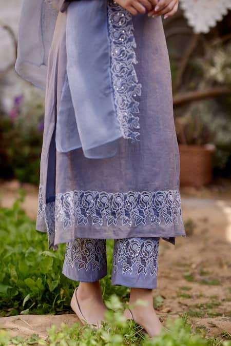 Naaz By Noor Blue Chanderi, Organza Embroidery, Sequins Split Butterfly Placket Kurta Set at Aza Fashions Naaz By Noor_Blue Chanderi, Organza Embroidery, Sequins Split Butterfly Placket Kurta Set _at_Aza_Fashions
