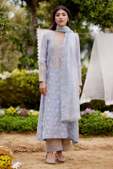 NAAZ BY NOOR Blue Kurta Fine Cotton Chanderi Embroidery Himalayan Poppy Fields Work Set 