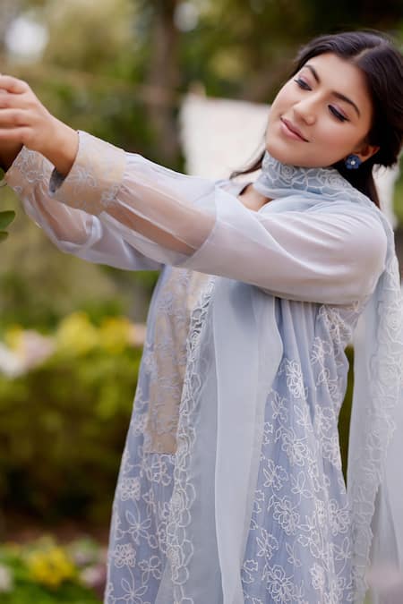 Buy Naaz By Noor Blue Chanderi, Cotton, Organza Embroidery V-neck Floral Kurta Set Online at Aza Fashions Buy_Naaz By Noor_Blue Chanderi, Cotton, Organza Embroidery V-neck Floral Kurta Set _Online_at_Aza_Fashions