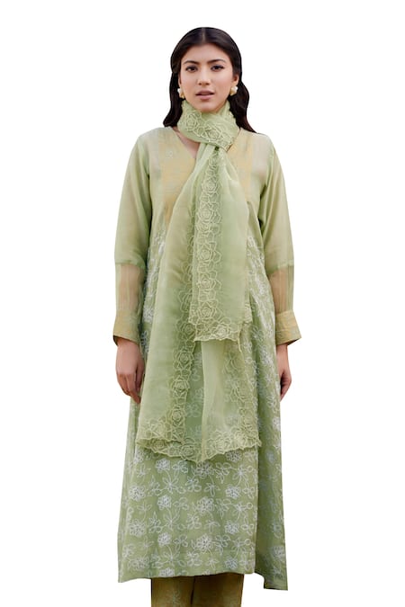 Naaz By Noor Green Chanderi, Cotton, Organza Embroidery Ladys Mantle Fields Thread Kurta Set at Aza Fashions Naaz By Noor_Green Chanderi, Cotton, Organza Embroidery Ladys Mantle Fields Thread Kurta Set _at_Aza_Fashions