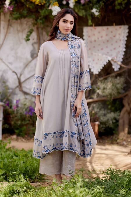 Shop Naaz By Noor Gray Chanderi, Cotton Embroidery Square Neck Grey Thread Kurta Set Online at Aza Fashions Shop_Naaz By Noor_Gray Chanderi, Cotton Embroidery Square Neck Grey Thread Kurta Set _Online_at_Aza_Fashions