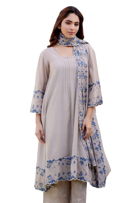 Buy Naaz By Noor Gray Chanderi, Cotton Embroidery Square Neck Grey Thread Kurta Set Buy_Naaz By Noor_Gray Chanderi, Cotton Embroidery Square Neck Grey Thread Kurta Set