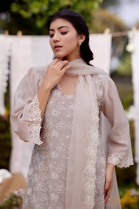 Buy Naaz By Noor Grey Chanderi, Cotton, Organza Embroidery, Lace V-neck Iris Field Kurta Set Online at Aza Fashions Buy_Naaz By Noor_Grey Chanderi, Cotton, Organza Embroidery, Lace V-neck Iris Field Kurta Set _Online_at_Aza_Fashions