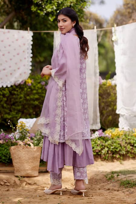 Shop Naaz By Noor Purple Cotton, Organza Embroidery, Lace Round Neck Thread Kurta Set at Aza Fashions Shop_Naaz By Noor_Purple Cotton, Organza Embroidery, Lace Round Neck Thread Kurta Set _at_Aza_Fashions