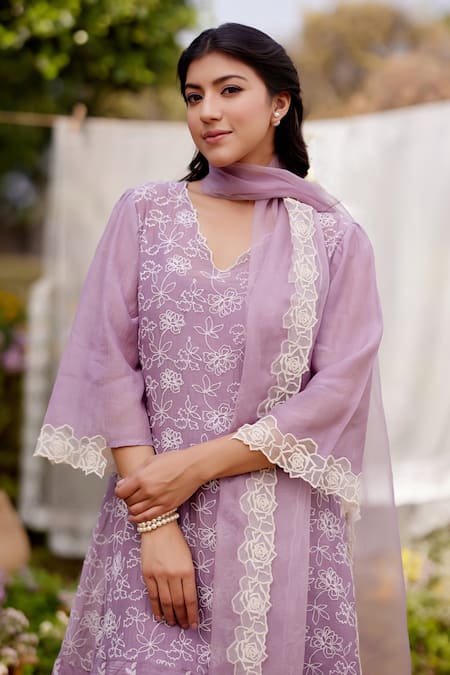 Naaz By Noor Purple Cotton, Organza Embroidery, Lace Round Neck Thread Kurta Set Online at Aza Fashions Naaz By Noor_Purple Cotton, Organza Embroidery, Lace Round Neck Thread Kurta Set _Online_at_Aza_Fashions