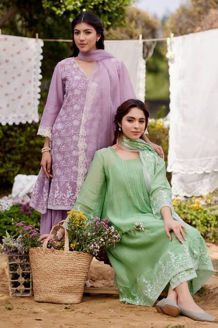 Shop Naaz By Noor Purple Cotton, Organza Embroidery, Lace Round Neck Thread Kurta Set Online at Aza Fashions Shop_Naaz By Noor_Purple Cotton, Organza Embroidery, Lace Round Neck Thread Kurta Set _Online_at_Aza_Fashions