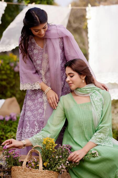 Naaz By Noor Purple Cotton, Organza Embroidery, Lace Round Neck Thread Kurta Set at Aza Fashions Naaz By Noor_Purple Cotton, Organza Embroidery, Lace Round Neck Thread Kurta Set _at_Aza_Fashions