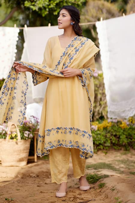 NAAZ BY NOOR Yellow Kurta Fine Cotton Chanderi Embroidery Meringue Floral A-line Set 