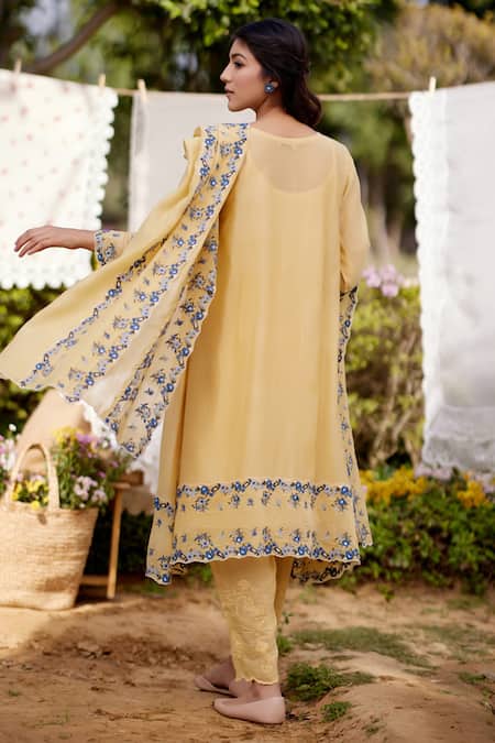 Shop Naaz By Noor Yellow Chanderi Cotton, Cotton, Organza Meringue Floral Thread A-line Kurta Set at Aza Fashions Shop_Naaz By Noor_Yellow Chanderi Cotton, Cotton, Organza Meringue Floral Thread A-line Kurta Set _at_Aza_Fashions