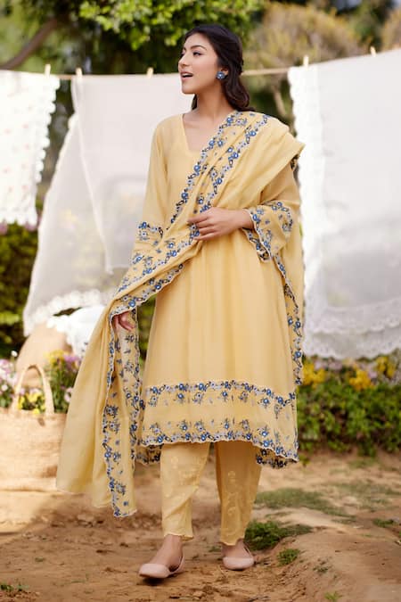 Buy Naaz By Noor Yellow Chanderi Cotton, Cotton, Organza Meringue Floral Thread A-line Kurta Set Online at Aza Fashions Buy_Naaz By Noor_Yellow Chanderi Cotton, Cotton, Organza Meringue Floral Thread A-line Kurta Set _Online_at_Aza_Fashions