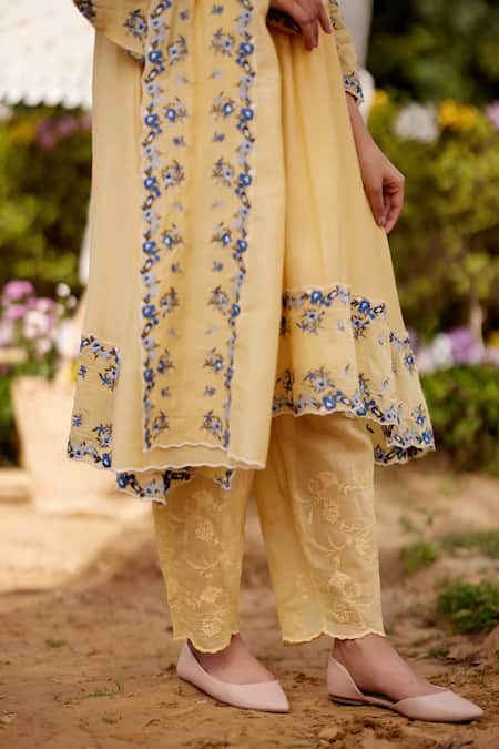 Shop Naaz By Noor Yellow Chanderi Cotton, Cotton, Organza Meringue Floral Thread A-line Kurta Set Online at Aza Fashions Shop_Naaz By Noor_Yellow Chanderi Cotton, Cotton, Organza Meringue Floral Thread A-line Kurta Set _Online_at_Aza_Fashions
