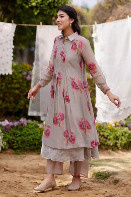 NAAZ BY NOOR Pink Kurta Fine Cotton Chanderi Printed Rose Field Collar And Pant Set 