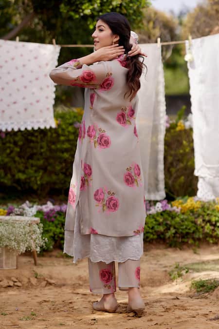 Shop Naaz By Noor Pink Chanderi, Cotton Embroidery Collared Rose Field Print Kurta And Pant Set at Aza Fashions Shop_Naaz By Noor_Pink Chanderi, Cotton Embroidery Collared Rose Field Print Kurta And Pant Set _at_Aza_Fashions