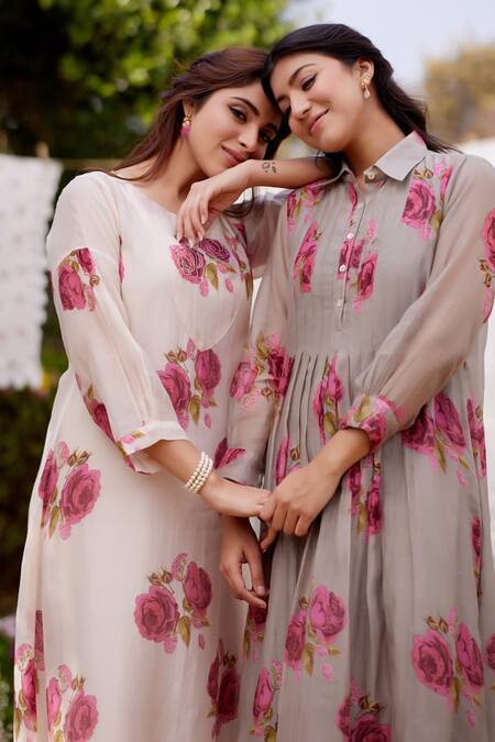 Naaz By Noor Pink Chanderi, Cotton Embroidery Collared Rose Field Print Kurta And Pant Set Online at Aza Fashions Naaz By Noor_Pink Chanderi, Cotton Embroidery Collared Rose Field Print Kurta And Pant Set _Online_at_Aza_Fashions