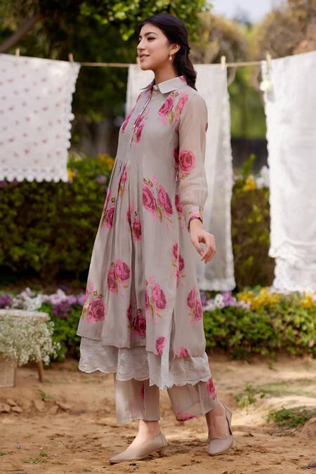 Buy Naaz By Noor Pink Chanderi, Cotton Embroidery Collared Rose Field Print Kurta And Pant Set Online at Aza Fashions Buy_Naaz By Noor_Pink Chanderi, Cotton Embroidery Collared Rose Field Print Kurta And Pant Set _Online_at_Aza_Fashions