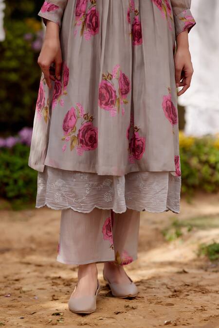 Shop Naaz By Noor Pink Chanderi, Cotton Embroidery Collared Rose Field Print Kurta And Pant Set Online at Aza Fashions Shop_Naaz By Noor_Pink Chanderi, Cotton Embroidery Collared Rose Field Print Kurta And Pant Set _Online_at_Aza_Fashions