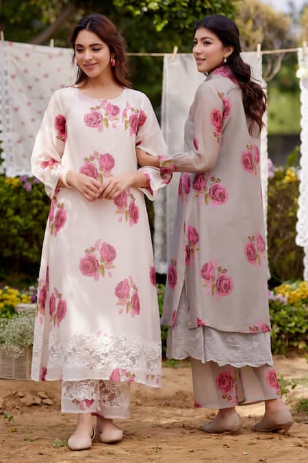Naaz By Noor Pink Chanderi Cotton, Cotton, Organza Lace, Rose Field Printed Kurta Set at Aza Fashions Naaz By Noor_Pink Chanderi Cotton, Cotton, Organza Lace, Rose Field Printed Kurta Set _at_Aza_Fashions