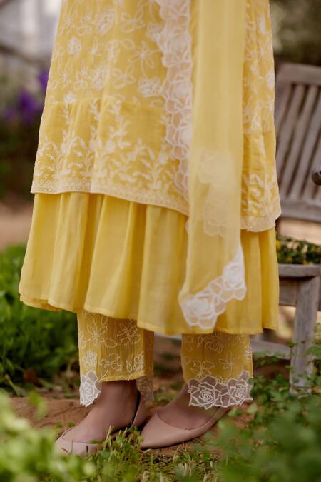 Naaz By Noor Yellow Chanderi, Organza, Cotton Lace, Sunflower Fields Thread A-line Kurta Set at Aza Fashions Naaz By Noor_Yellow Chanderi, Organza, Cotton Lace, Sunflower Fields Thread A-line Kurta Set _at_Aza_Fashions