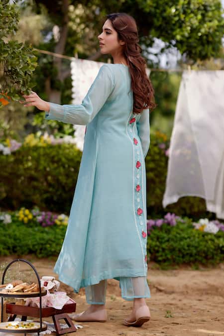 Shop Naaz By Noor Blue Chanderi, Organza, Cotton Lace, Embroidery Round Floral Vine Kurta Set at Aza Fashions Shop_Naaz By Noor_Blue Chanderi, Organza, Cotton Lace, Embroidery Round Floral Vine Kurta Set _at_Aza_Fashions