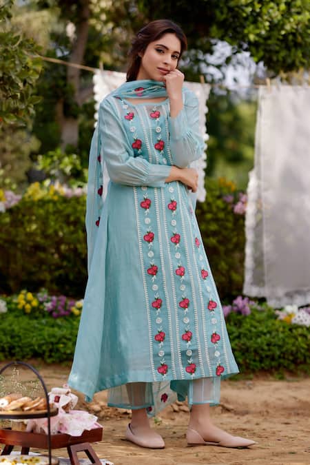 Buy Naaz By Noor Blue Chanderi, Organza, Cotton Lace, Embroidery Round Floral Vine Kurta Set Online at Aza Fashions Buy_Naaz By Noor_Blue Chanderi, Organza, Cotton Lace, Embroidery Round Floral Vine Kurta Set _Online_at_Aza_Fashions