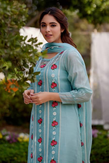 Shop Naaz By Noor Blue Chanderi, Organza, Cotton Lace, Embroidery Round Floral Vine Kurta Set Online at Aza Fashions Shop_Naaz By Noor_Blue Chanderi, Organza, Cotton Lace, Embroidery Round Floral Vine Kurta Set _Online_at_Aza_Fashions