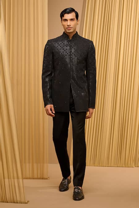 Tarun Tahiliani Black Silk Double Ggt Embroidered Tonal Geometric Pattern Bandhgala Set 