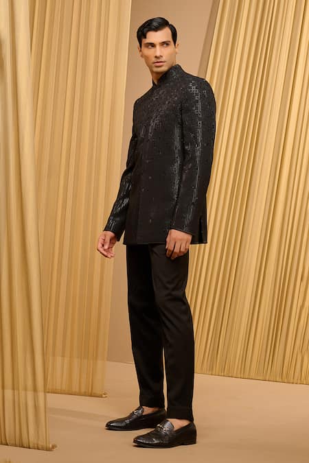 Tarun Tahiliani_Black Silk Double Ggt Embroidered Tonal Geometric Pattern Bandhgala Set _Online_at_Aza_Fashions