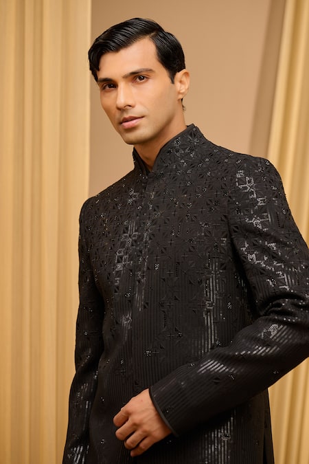 Shop_Tarun Tahiliani_Black Silk Double Ggt Embroidered Tonal Geometric Pattern Bandhgala Set _Online_at_Aza_Fashions