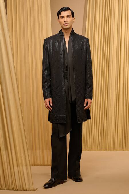 Tarun Tahiliani_Black Silk Double Ggt Embroidered Tonal Diamonds Sequin Sherwani Set _Online_at_Aza_Fashions