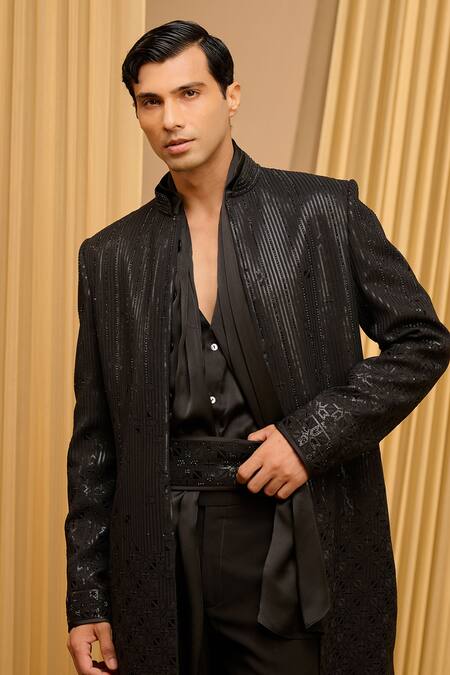 Tarun Tahiliani_Black Silk Double Ggt Embroidered Tonal Diamonds Sequin Sherwani Set _at_Aza_Fashions