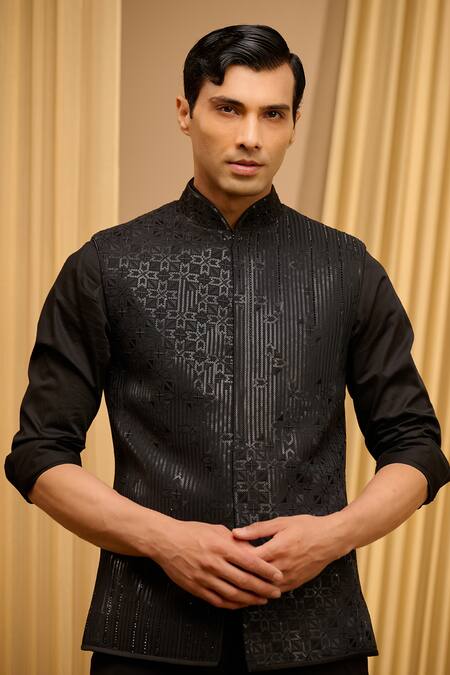 Tarun Tahiliani_Black Silk Double Ggt Embroidered Tonal Diamonds Chikankari Waistcoat _Online_at_Aza_Fashions