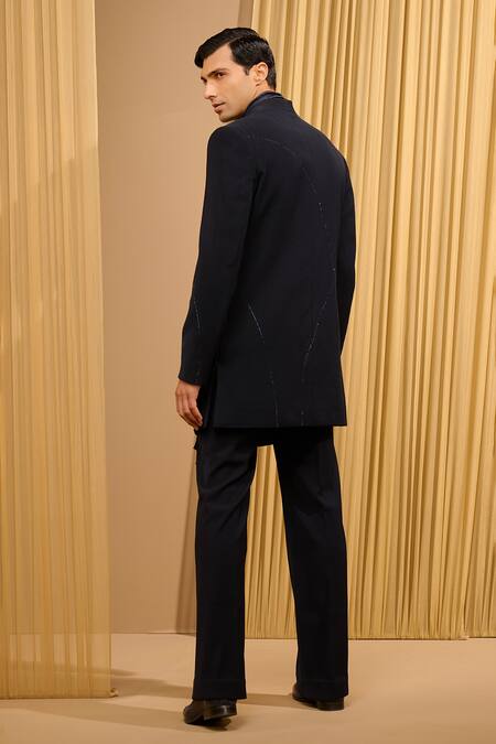 Shop_Tarun Tahiliani_Blue Cotton, Velvet, Crepe Embroidery Sherwani And Draped Kurta Set _Online_at_Aza_Fashions