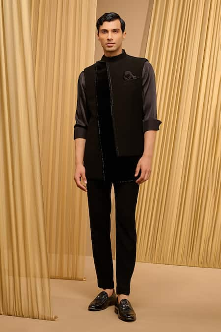 Tarun Tahiliani Black Japanese Crepe Embroidered Tonal Diamonds Panelled Waistcoat And Trouser Set 