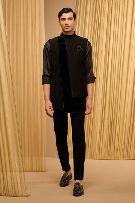 Buy_Tarun Tahiliani_Black Japanese Crepe Embroidered Tonal Panelled Waistcoat And Trouser Set _Online_at_Aza_Fashions