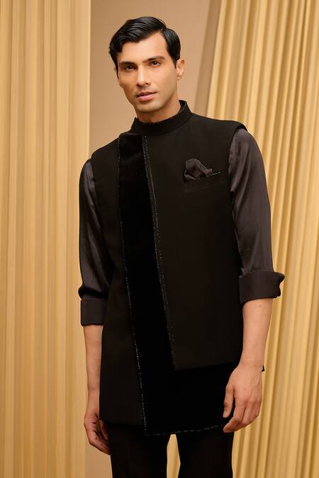 Shop_Tarun Tahiliani_Black Japanese Crepe Embroidered Tonal Panelled Waistcoat And Trouser Set _Online_at_Aza_Fashions