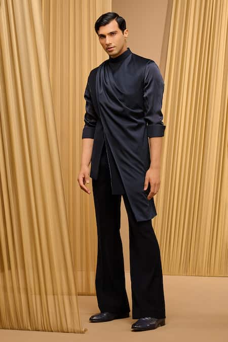 Tarun Tahiliani_Blue Cotton, Velvet, Crepe, Silk Embroidery, Draped Waistcoat And Trouser Set _Online_at_Aza_Fashions