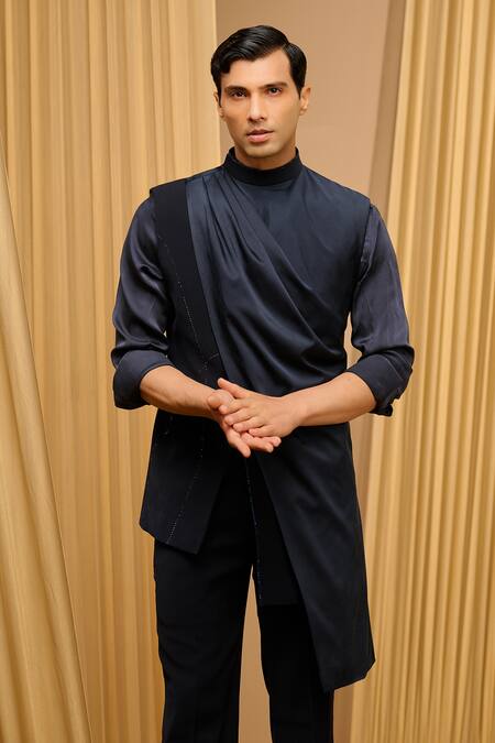 Buy_Tarun Tahiliani_Blue Cotton, Velvet, Crepe, Silk Embroidery, Draped Waistcoat And Trouser Set _Online_at_Aza_Fashions