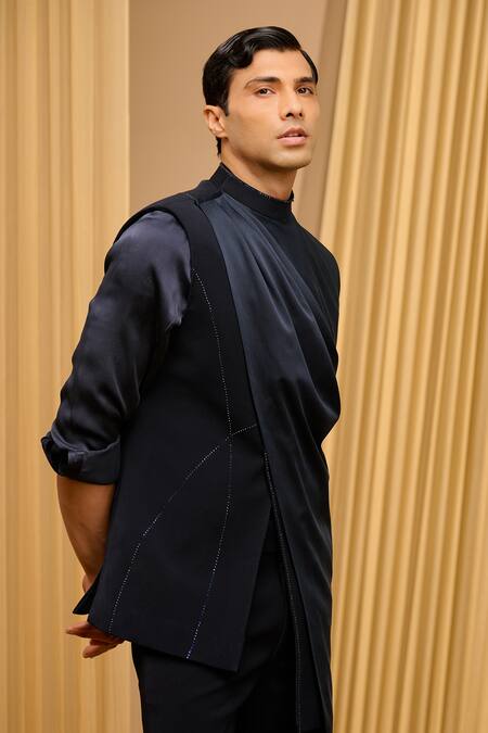 Shop_Tarun Tahiliani_Blue Cotton, Velvet, Crepe, Silk Embroidery, Draped Waistcoat And Trouser Set _Online_at_Aza_Fashions